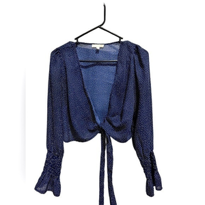 GB Cross Front Smocked Cuff‎ Blouse Size M Navy W/ White Polka Dots